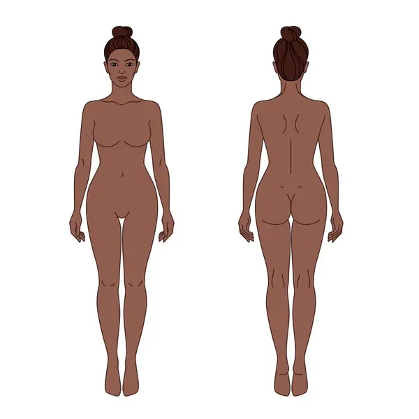 女性ボディフロントとバックビューベクターイラスト アフリカ系アメリカ人 ブラックガール 隔離された輪郭線の輪郭色テンプレートの女の子服なし 健康な女性の体型の解剖学 — ストックベクタ