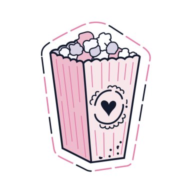 Cute popcorn packaging with heart. Cinema icon.Doodle.
