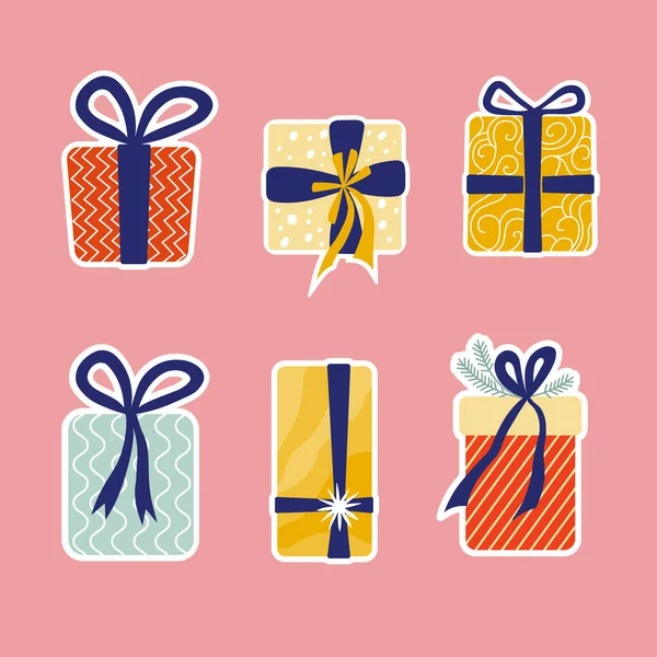 Ensemble Cadeaux Noël Dans Style Plat Stickers Avec Cadeaux Pour — Image vectorielle