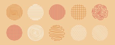 Sosyal medya için bir takım soyut çemberler. Modern hikayeler için. El yapımı çizgiler. Damga deseni, kıvrımları ve dalgalı çizgileri olan karalamalar.