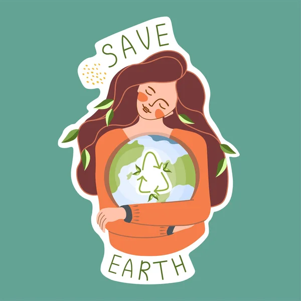 Adesivo Ecológico Uma Rapariga Abraçar Planeta Slogan Salve Terra Reutilizar — Vetor de Stock