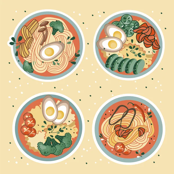 Asian Food Stickers Udon Ramen Soup Chinese Noodles Suitable Restaurant — Stock Vector