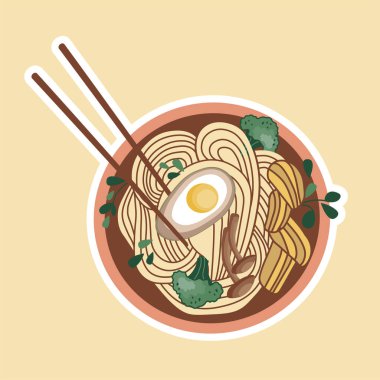 Udon veya ramen çorbası. Asya yemeği etiketi. Yumurtalı erişte, tavuk ve brokoli. Restoran afişleri, logolar ve fast food reklamları için uygun. Kore ya da Çin yemekleri.
