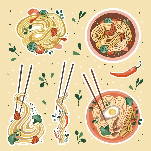 Asian Food Stickers Chinese Noodles Seafood Udon Ramen Soup Suitable — Stock Vector