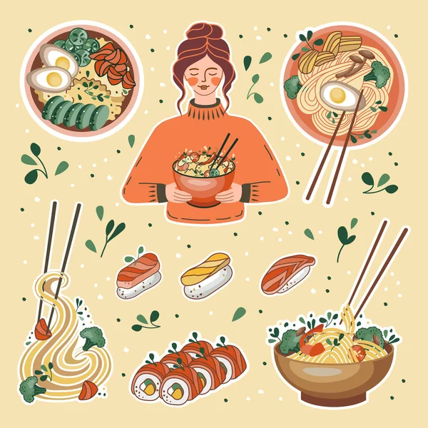 Asian Food Stickers Girl Rice Bowl Udon Ramen Soup Noodles — Stock Vector