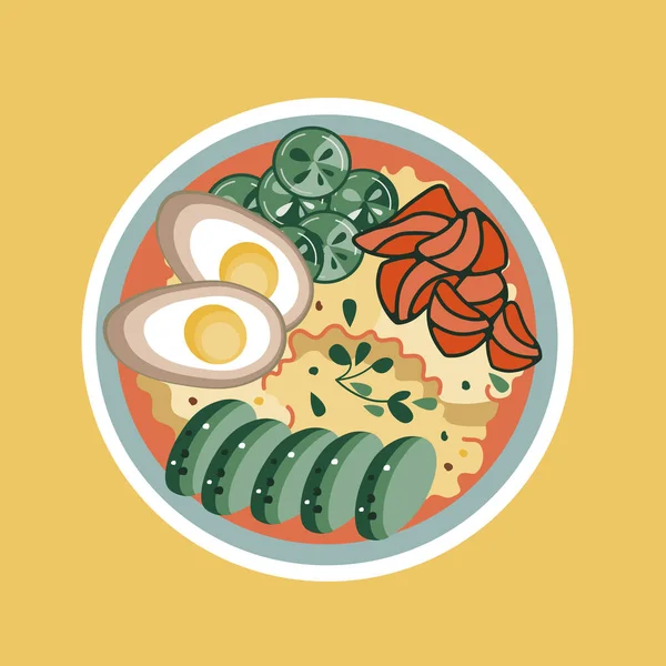 Asian Food Sticker Bowl Rice Eggs Salmon Avocado Cucumbers Suitable — Stock Vector
