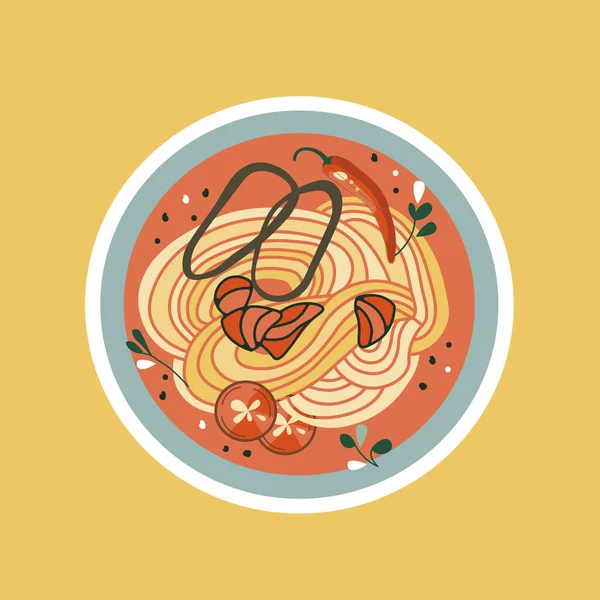 Udon Ramen Soup Asian Food Sticker Noodles Salmon Hot Pepper — Stock Vector