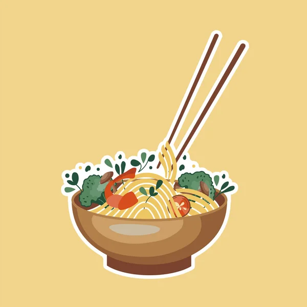 Asian Food Sticker Noodles Shrimp Broccoli Mushrooms Hot Pepper Suitable — Stock Vector