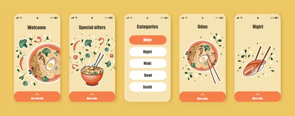 Ensemble Écrans Pour Application Mobile Sur Livraison Nourriture Cuisine Asiatique — Image vectorielle