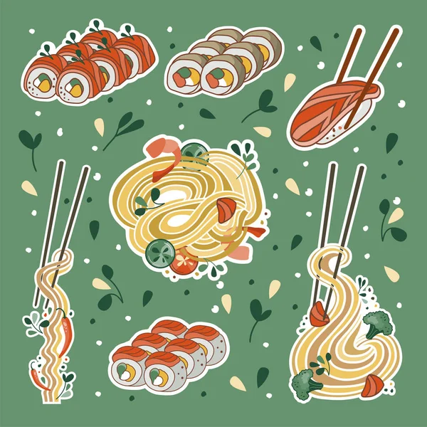 Autocollants Alimentaires Asiatiques Soupe Udon Ramen Nouilles Sushis Bol Convient — Image vectorielle