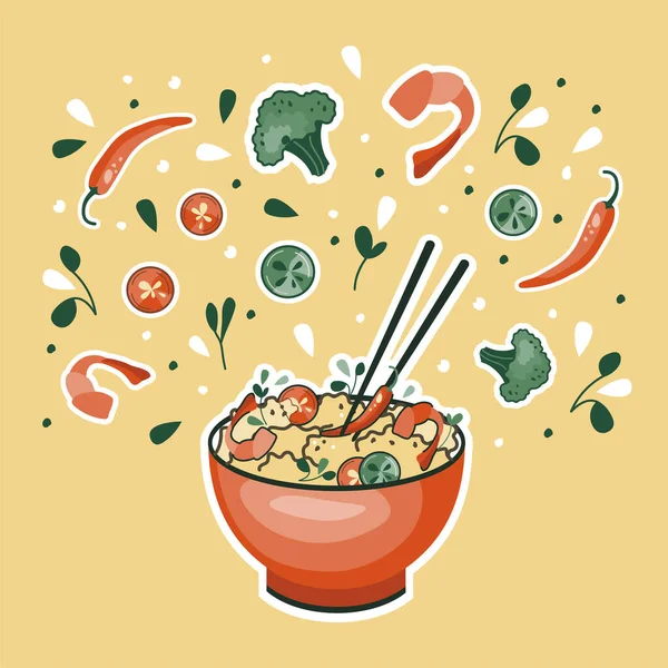 亚洲食品贴纸 米饭配虾仁和辣椒 适用于餐厅横幅 标志和快餐广告 韩国菜或中餐 — 图库矢量图片