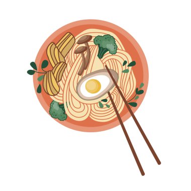 Udon veya ramen çorbası. Asya yemekleri. Yumurtalı erişte, tavuk ve brokoli. Restoran afişleri, logolar ve fast food reklamları için uygun. Kore ya da Çin yemekleri.