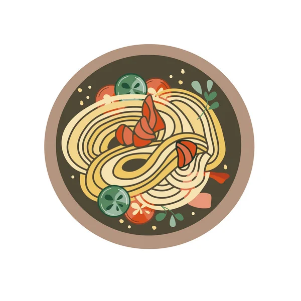 Udon Ramen Soup Asian Food Noodles Salmon Hot Pepper Suitable — Stock Vector