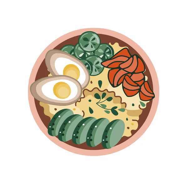 Asian Food Bowl Rice Eggs Salmon Avocado Cucumbers Suitable Restaurant — Stock Vector