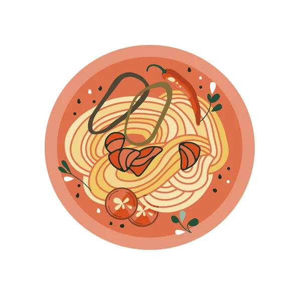 Σούπα Ούντον Ράμεν Ασιατικό Φαγητό Νουντλς Σολομό Και Καυτερή Πιπεριά — Διανυσματικό Αρχείο
