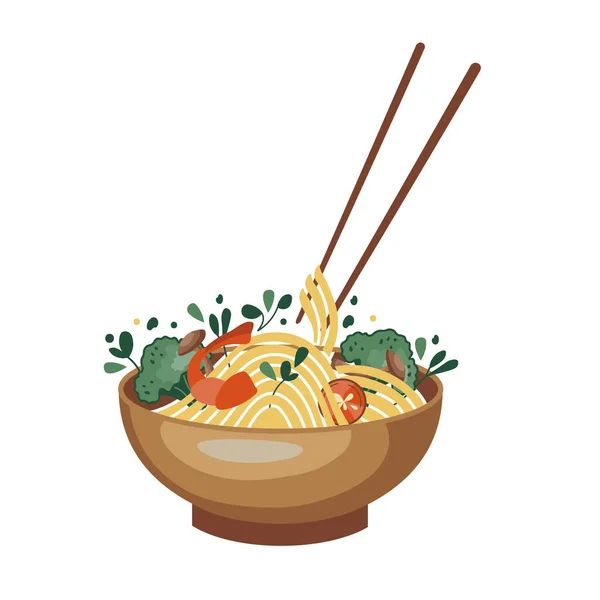 Asian Food Noodles Shrimp Broccoli Mushrooms Hot Pepper Suitable Restaurant — Stock Vector