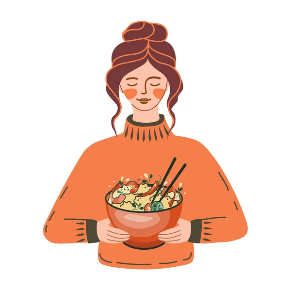 Girl Rice Bowl Udon Ramen Soup Noodles Sushi Bowl Suitable — Stock Vector