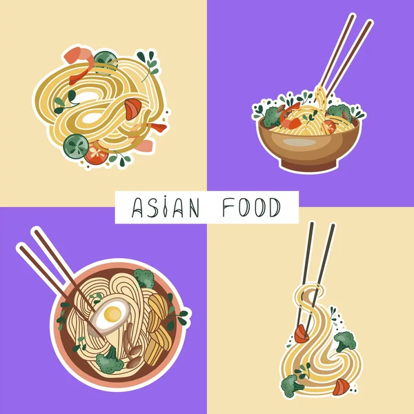 Asian Food Stickers Udon Ramen Soup Noodles Rice Seafood Suitable — Stock Vector