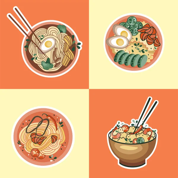 Asian Food Stickers Udon Ramen Soup Noodles Rice Seafood Suitable — Stock Vector