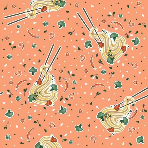 Asian Food Print Pattern Udon Ramen Soup Bowl Noodles Suitable — Stock Vector