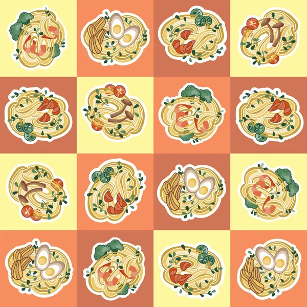 Asian Food Illustrations Pattern Udon Ramen Soup Noodles Rice Seafood — Stock Vector