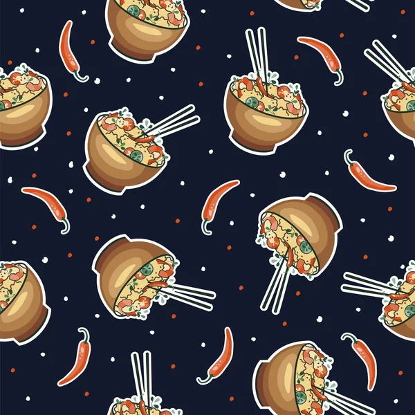 Asian Food Print Pattern Udon Ramen Soup Bowl Noodles Suitable — Stock Vector