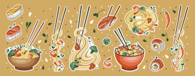 Asya yemekleri etiketleri. Udon veya ramen çorbası, erişte, suşi ve kase. Restoran afişleri, logolar ve fast food reklamları için uygun. Deniz ürünleri..