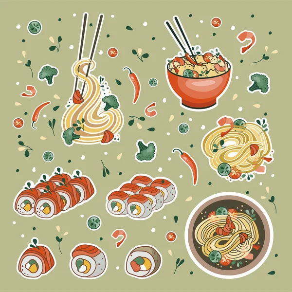 Asian Food Stickers Udon Ramen Soup Noodles Sushi Bowl Suitable — Stock Vector