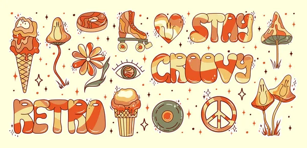 Retro groovy stickers set in 70s style. Psychedelic mushrooms, ice cream, eye, happy heart, disk, rollers, donut, flower, and peace symbol. Sticker pack in trendy retro psychedelic cartoon style. Hand-drawn lettering. Hippie and boho.