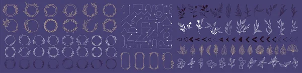 Collection of 140 design elements. Set of arrows, wreaths, frames, laurel leaves, ornate, arrows, and floral elements. Organic-themed frames. Vector illustration.