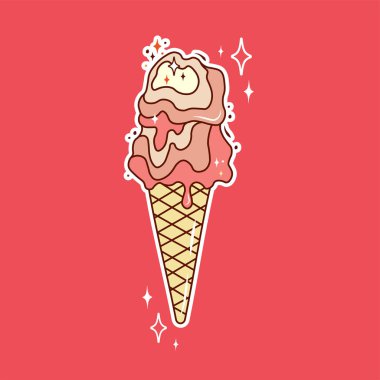 Retro groovy poster with ice cream. Hippie and boho style. 60s, 70s, 80s style.