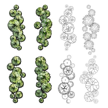 Group of trees for architectural floor plans. Entourage design. Various trees, bushes, and shrubs, top view for the landscape design plan. Vector illustration.