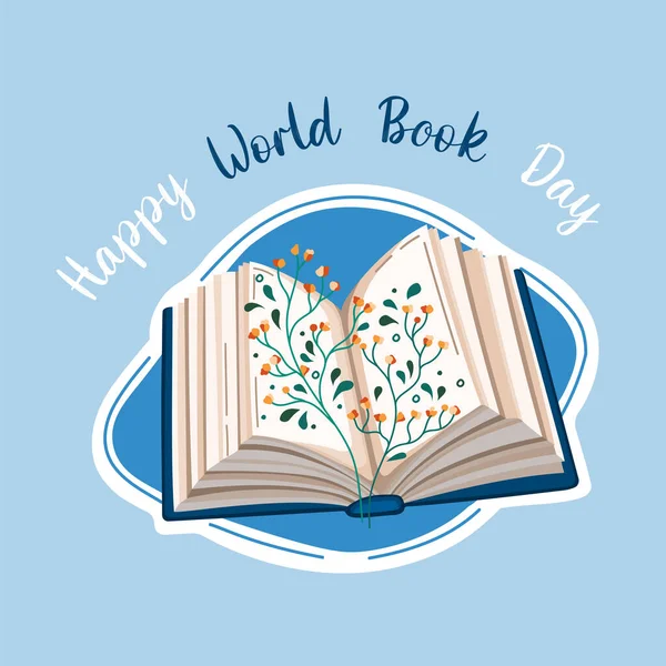 Dünya kitap günü için kartpostal. Bitkilerle birlikte düz tasarım şeklinde okunacak açık bir kitap. Vektör.