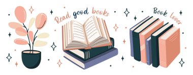 Bir dizi kitap çıkartması. Düz tasarım tarzında okumak için açık kitap, bitki ve kitap yığınları. Dünya kitabı günü. Vektör.