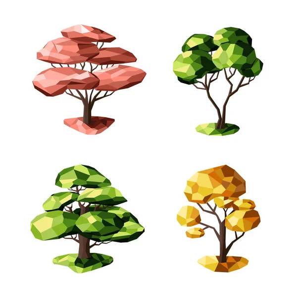 低ポリの木のセット 幾何学的な3D木 景観デザインのための要素を奨励します ベクトル — ストックベクタ