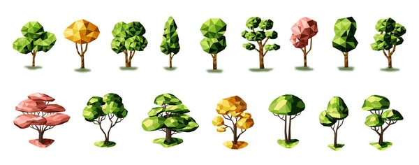 Conjunto Árvores Poli Baixas Arbustos Pedras Árvores Geométricas Elementos Excursão — Vetor de Stock