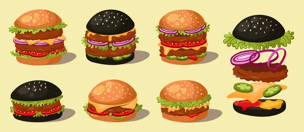 漫画のスタイルで異なるハンバーガーのセット ファーストフードの配達メニュー ステッカー カフェポスターに最適です — ストックベクタ