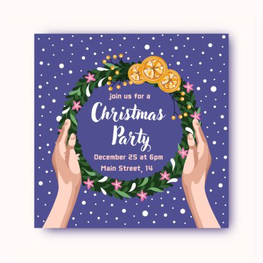 Noel partisi davetiyesi. Çam çelenkli ve karlı bir kart. Xmas ve Yeni Yıl dekorasyonu. Modern düz stil. Vektör.