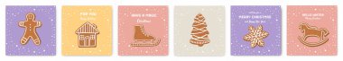 Noel kartı koleksiyonu. Zencefilli kurabiyeli tebrik kartları. Xmas ve Yeni Yıl dekorasyonu. Modern düz stil. Vektör.