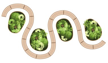 Mimari peyzaj planları için bir bankın üst görüntüsü. Ağaçlar ve yeşilliklerle dolu bir bankta. Çevre tasarımı. Vektör.