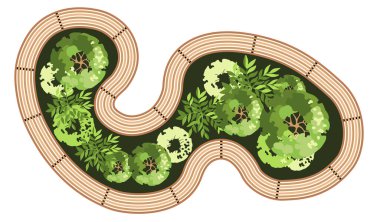 Mimari peyzaj planları için bir bankın üst görüntüsü. Ağaçlar ve yeşilliklerle dolu bir bankta. Çevre tasarımı. Vektör.