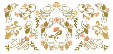 Art Nouveau çiçekli çerçeveler, köşeler ve sınırlar. Vektör.