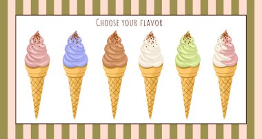 Değişik Yumuşak Dondurma aromalarının toplanması. Tatlı tatlı. Vektör illüstrasyonu.