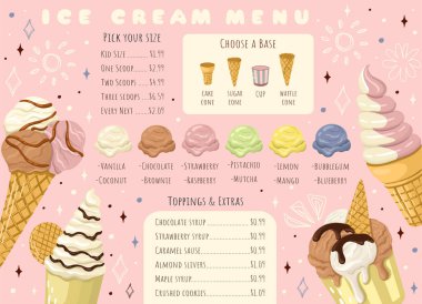 Kafeler ve restoranlar için özelleştirilebilir dondurma menüsü. Vektör.