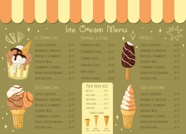Düzenlenebilir dondurma menüsü şablonu ve fiyatlandırma bölümü. Vektör illüstrasyonu.
