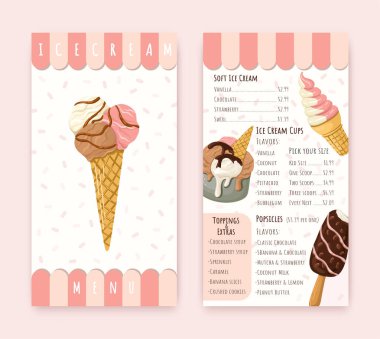Kafeler ve restoranlar için özelleştirilebilir dondurma menüsü. Vektör.