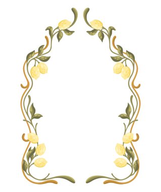 Limonlu Akdeniz dekoratif çerçevesi. Art Nouveau tarzı. Vektör.