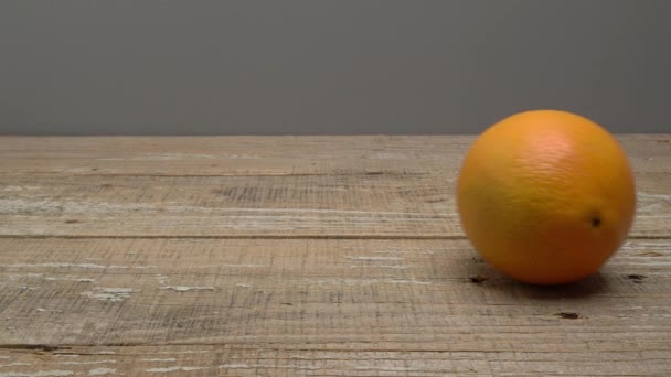 Egy Narancs Gurul Megáll Egy Felületen Szürke Alapon Videó — Stock videók