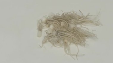 Narin tekstil iplikçiklerini ve zengin doku elementlerini açık bir arkaplanda sergileyen soyut sanatsal bir görüntü