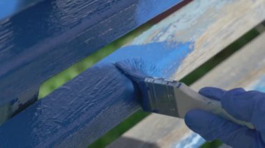 Taze ve canlı bir görünüm için ahşap bir bankı canlı mavi boyayla titizlikle boyamış bir elin yakından görüntüsü.